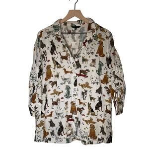JOHN MARK dog design animal print linen lightweight button down blouse M